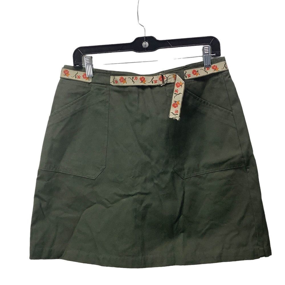 White Stag Women's Skort Olive Green 10 Floral Belt 100 % Cotton Elastic Waist